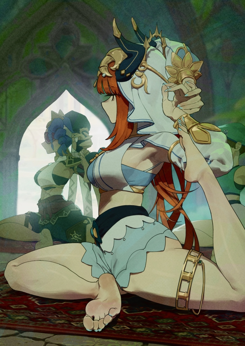 3girls arms_behind_head barefoot black_horns blue_hair blue_nails blue_shorts breasts commentary_request crop_top drill_hair fake_horns feet from_side genshin_impact harem_outfit highres horns jeht_(genshin_impact) jewelry kuriki_art long_hair long_sleeves looking_ahead medium_breasts midriff multiple_girls nilou_(genshin_impact) puffy_long_sleeves puffy_sleeves red_blindfold red_hair shorts soles solo_focus stretching thighlet toes twin_drills veil white_veil yoga