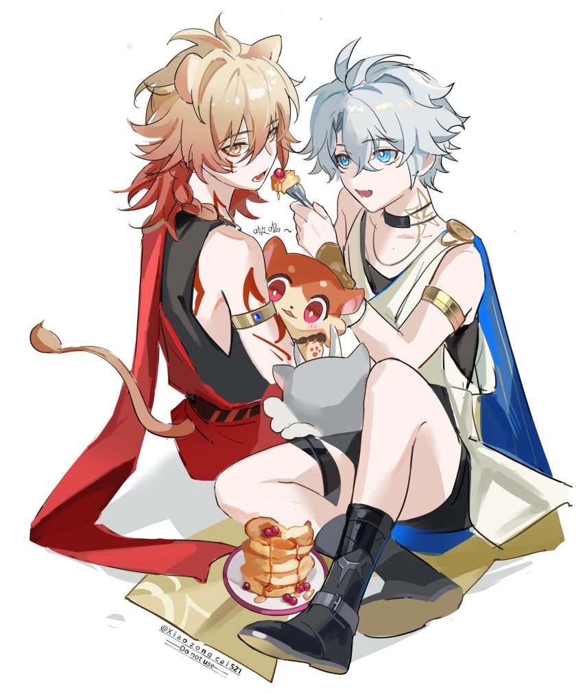 2boys ancient_greek_clothes animal_ears antenna_hair armlet black_choker black_shirt black_shoes black_shorts blonde_hair blue_cape blue_eyes braid cape chimera_(honkai:_star_rail) chinese_commentary chiton choker commentary_request fork gradient_hair greco-roman_clothes hair_between_eyes highres holding holding_fork honkai:_star_rail honkai_(series) jewelry lion_boy lion_ears lion_tail male_focus medium_hair multicolored_hair multiple_boys mydei_(honkai:_star_rail) open_mouth phainon_(honkai:_star_rail) red_cape red_hair shirt shoes short_hair shorts side_braid simple_background sleeveless sleeveless_shirt sun_symbol sun_tattoo tail tan twitter_username vambraces watermark white_background xiaozongcai521