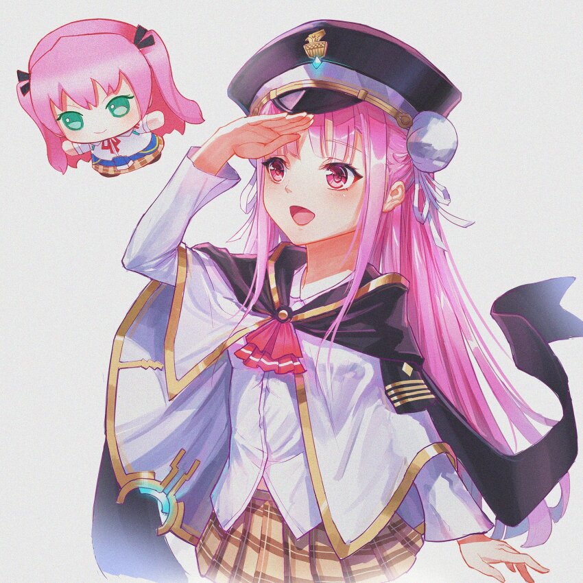 1girl aikawa_megumi character_doll doll double_bun hair_bun hat heaven_burns_red highres kunimi_tama long_hair long_sleeves military_hat pink_eyes pink_hair plaid_clothes plaid_skirt sail_678 shirt skirt two_side_up white_shirt