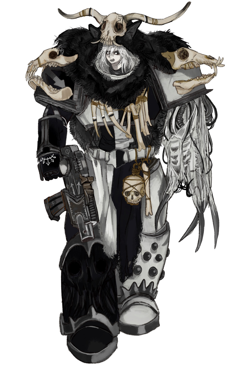 1girl absurdres adeptus_astartes armor bolter breastplate capelet chaos_(warhammer) chaos_space_marine claws fur_capelet gauntlets genderswap genderswap_(mtf) gun highres holding holding_gun holding_weapon kkghost_tv leg_armor malice_(cult) pale_skin pauldrons power_armor sharp_teeth shoulder_armor single_gauntlet skull skull_on_head sons_of_malice teeth warhammer_40k weapon white_background white_eyes white_hair