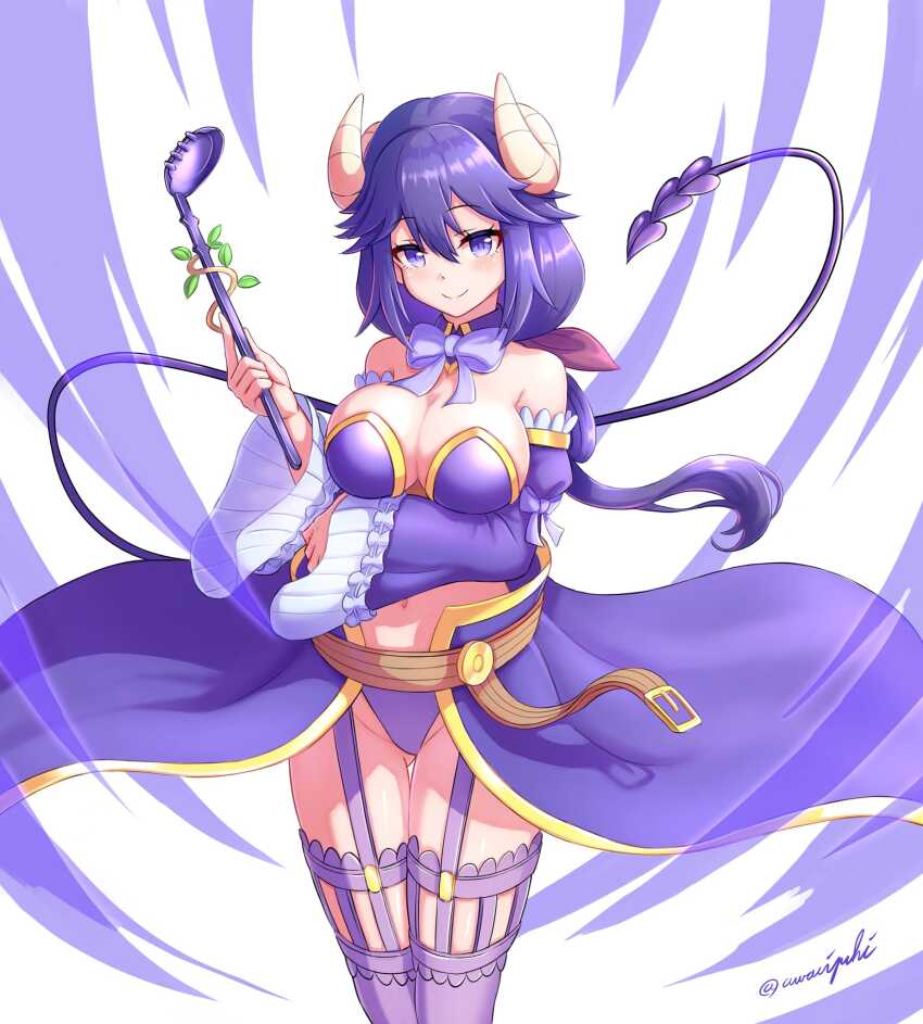 1girl arm_under_breasts awaiyuhi bare_shoulders belt bikini bow bowtie breasts brown_belt closed_mouth commentary_request cosplay crisis_management_form_(machikado_mazoku) curled_horns demon_girl demon_horns demon_tail detached_collar detached_sleeves gluteal_fold hair_between_eyes hair_ribbon hand_up heart heart_tail highres holding holding_ladle horns ladle large_breasts legs_together light_blush long_hair looking_at_viewer machikado_mazoku mature_female navel purple_bikini purple_bow purple_bowtie purple_eyes purple_hair purple_ribbon purple_sleeves purple_theme purple_thighhighs revealing_clothes ribbon signature smile solo standing swimsuit tail thigh_gap thighhighs waist_cape wide_sleeves yoshida_seiko yoshida_yuuko_(machikado_mazoku) yoshida_yuuko_(machikado_mazoku)_(cosplay)
