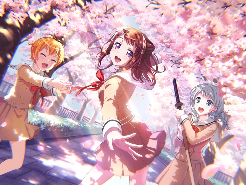 10s 3girls bang_dream! blush brown_hair happy kitazawa_hagumi multiple_girls purple_eyes sakura school_uniform short_hair spring_(season) toyama_kasumi wakamiya_eve