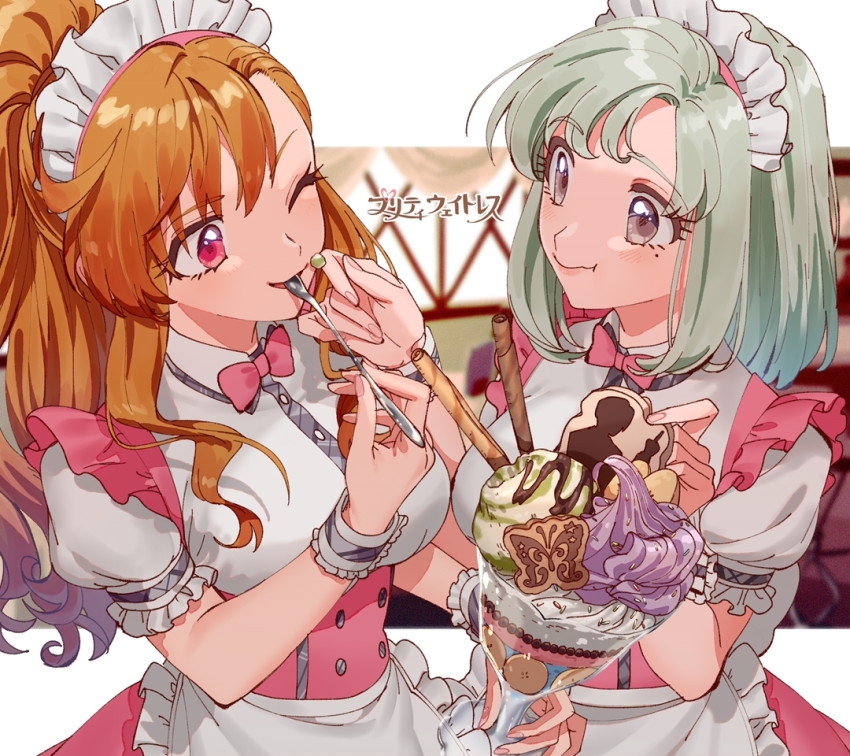 2girls apron banana blush bow bowtie breasts chocolate closed_mouth cookie cream cup dress eating food food_on_face frilled_apron frilled_sleeves frills from_side fruit green_hair grey_eyes grid_background hair_bow holding holding_cup holding_food holding_spoon hoyaza1561 ice_cream idolmaster idolmaster_(classic) idolmaster_million_live! idolmaster_million_live!_theater_days idolmaster_one_for_all idolmaster_starlit_season idolmaster_stella_stage kuroi_takao leon_(idolmaster) long_hair looking_at_another matcha_(food) medium_breasts mole mole_under_eye mouth_hold multiple_girls one_eye_closed orange_hair pink_bow pink_bowtie pink_dress ponytail pretty_waitress_(idolmaster) pretzel puffy_short_sleeves puffy_sleeves purple_eyes shiika_(idolmaster) short_hair short_sleeves smile spoon sundae wafer_stick waist_apron white_apron white_headdress wristband