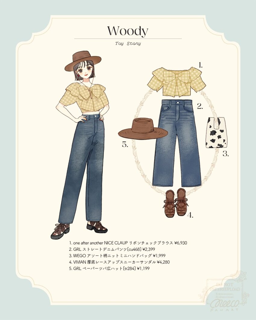 1girl animification brown_eyes brown_hair closed_mouth cowboy_hat cowgirl_(western) full_body hat highres lips meecosme pants sheriff_woody shirt short_hair smile solo toy_story