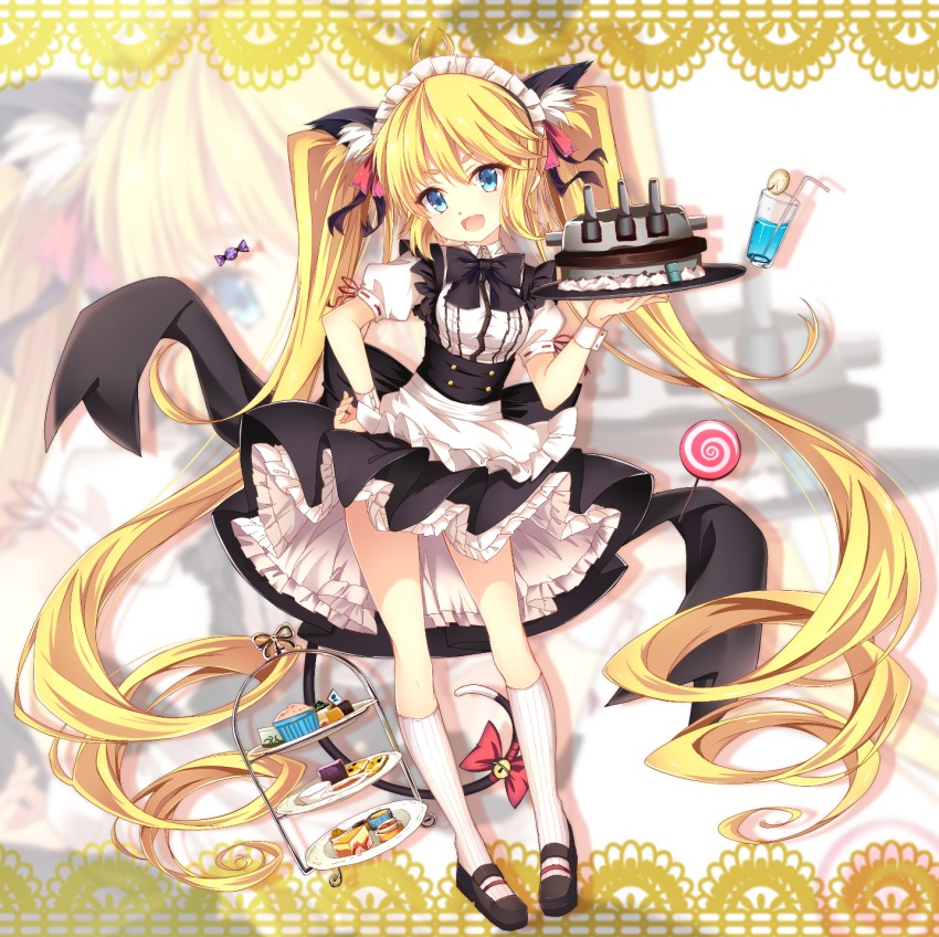 1girl :d absurdly_long_hair andrea_doria_(warship_girls_r) animal_ears apron bell bendy_straw black_shoes black_skirt blonde_hair blue_eyes bow cake candy_wrapper cannon cat_ears cat_girl cat_tail commentary_request cookie cup drink drinking_glass drinking_straw fang female_focus food frilled_apron frills full_body hair_between_eyes hand_on_own_hip head_tilt highres holding holding_tray jianren jingle_bell kneehighs long_hair looking_at_viewer maid maid_headdress muffin open_mouth puffy_short_sleeves puffy_sleeves red_bow ribbed_legwear ringlets ship_turret shirt shoes short_sleeves sidelocks skirt smile socks solo standing tail tail_bell tail_bow tail_ornament thick_eyebrows tiered_tray tray twintails v-shaped_eyebrows very_long_hair waist_apron warship_girls_r white_apron white_shirt white_socks wrist_cuffs zoom_layer