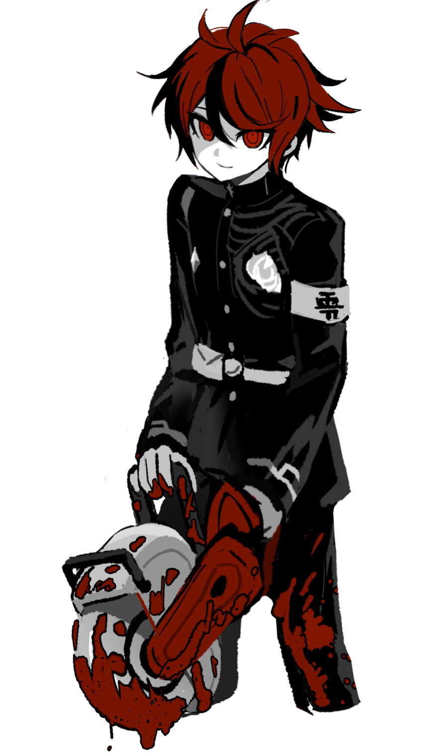 1boy armband belt belt_pouch black_hair black_jacket black_pants blood blood_on_clothes bloody_weapon buttons circular_saw closed_mouth colored_skin commentary cropped_legs gloves highres holding holding_weapon hole_in_chest hole_on_body jacket last_defense_academy_school_uniform male_focus multicolored_hair pants pouch red_eyes red_hair robinthebird007 saw school_uniform simple_background smile solo spoilers sumino_takumi the_hundred_line_-last_defense_academy- tsurime two-tone_hair weapon white_armband white_background white_belt white_gloves white_skin
