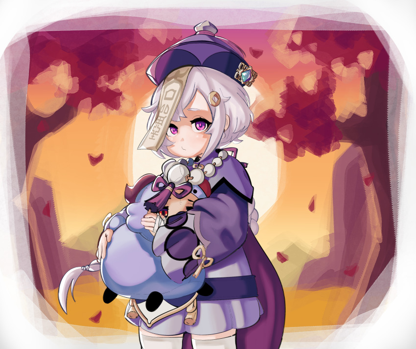 1girl bead_necklace beads chinese_clothes closed_mouth genshin_impact hair_ornament hat highres holding jewelry long_sleeves looking_at_viewer luci-a necklace ofuda ofuda_on_head outdoors purple_eyes purple_hat qingdai_guanmao qiqi_(genshin_impact) short_hair solo white_hair