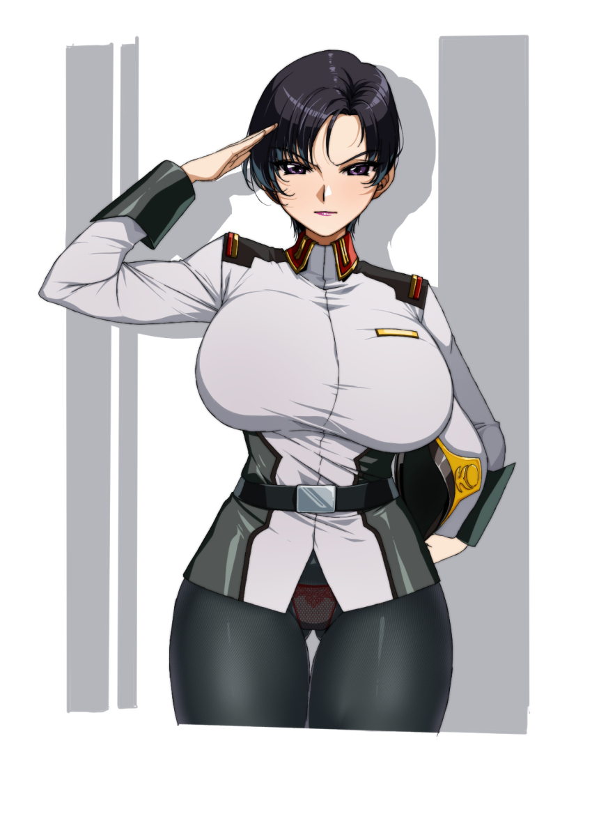 1girl belt black_pantyhose breasts closed_mouth commentary_request facing_viewer forehead gluteal_fold grey_sleeves gundam gundam_seed hand_up hat highres holding holding_unworn_clothes holding_unworn_hat huge_breasts long_sleeves looking_at_viewer military_uniform natarle_badgiruel panties panties_under_pantyhose pantyhose parted_bangs purple_eyes rantia red_panties salute see-through_clothes see-through_legwear shadow short_hair skin_tight solo thigh_gap thighs underwear unworn_hat unworn_headwear v-shaped_eyebrows white_background