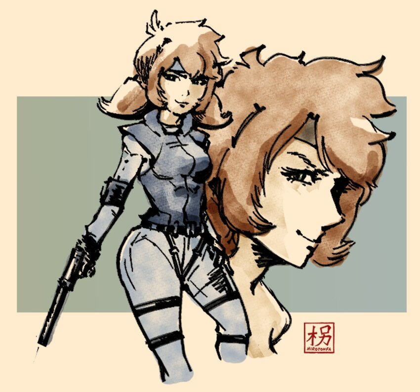 2girls armband blu_rivers_(hirotonfa) breasts character_request cosplay fluffy_hair gloves green_eyes gun handgun headband highres hirotonfa holding holding_gun holding_weapon long_sleeves looking_at_viewer medium_breasts meryl_silverburgh metal_gear_(series) multiple_girls original painting_(medium) red_hair short_twintails simple_background smile sneaking_suit solid_snake solid_snake_(cosplay) strap traditional_media twintails watercolor_(medium) watermark weapon