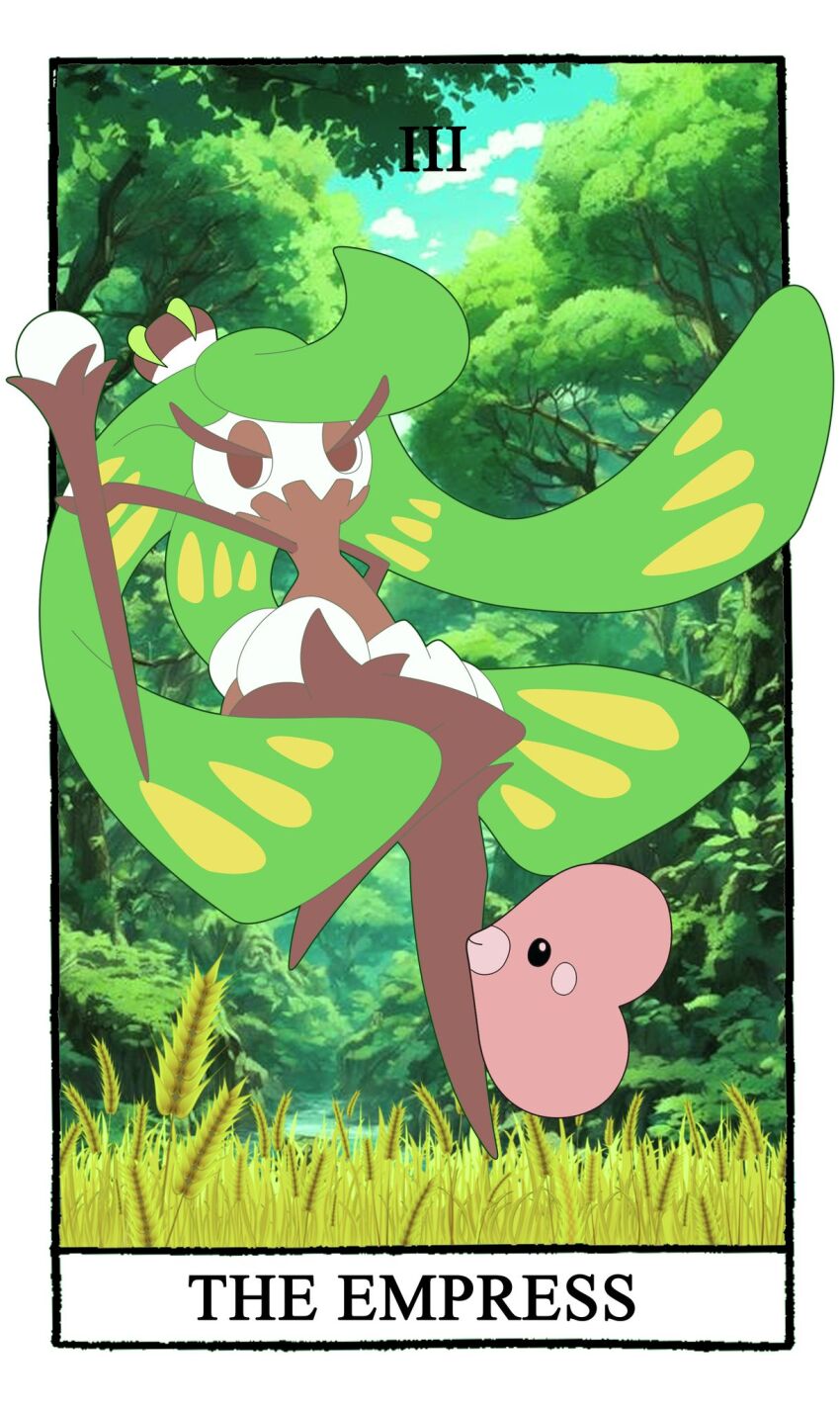 1girl border card_(medium) carrotzmoonman closed_mouth commentary english_commentary english_text flat_color full_body gen_3_pokemon gen_7_pokemon highres holding holding_staff long_eyelashes luvdisc nintendo outdoors pokemon pokemon_(creature) red_eyes roman_numeral screenshot_background staff tarot tarot_(medium) the_empress_(tarot) tsareena wheat white_border