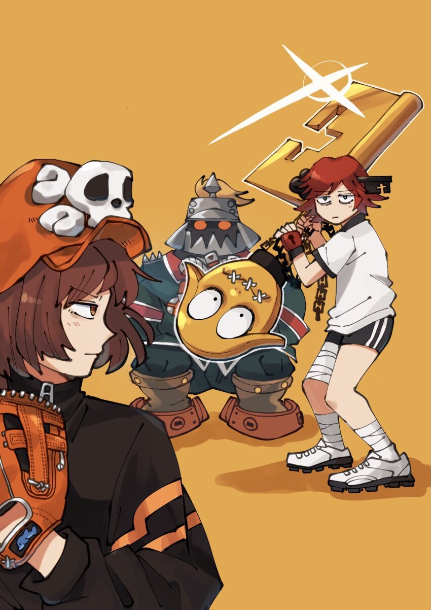 a.b.a bandages baseball baseball_glove brown_hair fingerless_gloves gloves guilty_gear gym_uniform hat helmet highres key_in_head long_sleeves may_(guilty_gear) military military_uniform object_through_head orange_headwear oushiza_towel paracelsus_(guilty_gear) potemkin_(guilty_gear) red_hair short_hair shorts skull_and_crossbones