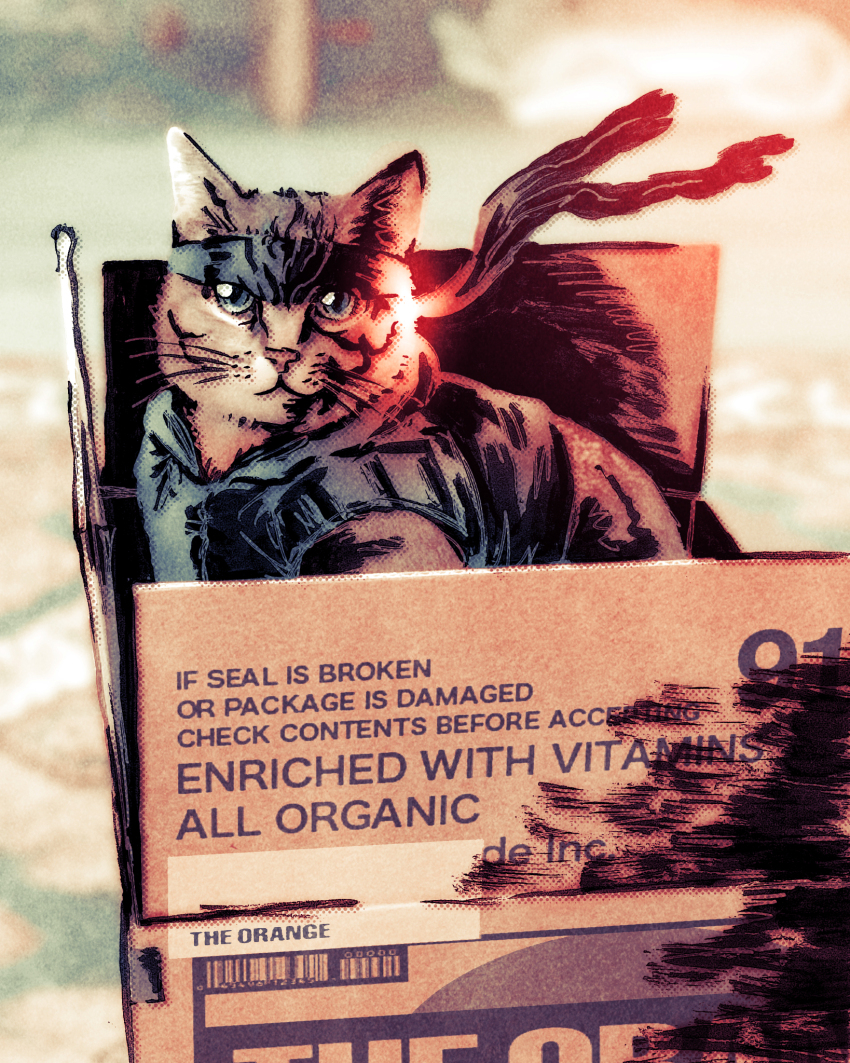 animal_focus box cardboard_box cat cosplay headband highres metal_gear_(series) metal_gear_solid photo-referenced polka_dot snake_box_sneak sneaking_suit solid_snake solid_snake_(cosplay) tabby_cat teoft