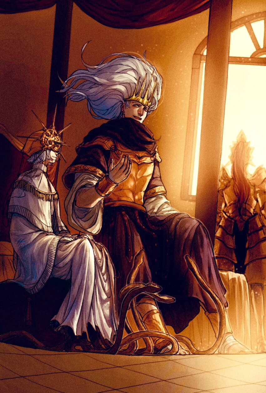 3boys anklet armor bandaged_foot bandages black_neckerchief black_robe bracelet chinese_commentary closed_mouth commentary commentary_request crown dark_souls_(series) dark_souls_i dark_souls_iii dark_sun_gwyndolin dragon_slayer_ornstein dress english_commentary from_behind full_armor full_body gold_armor gold_crown gold_headwear grey_hair hand_up highres indoors jewelry light_particles long_hair looking_at_another male_focus multiple_boys nameless_king neckerchief open_mouth robe short_hair sitting smile snake standing sunlight tworain_w white_dress wide_sleeves window