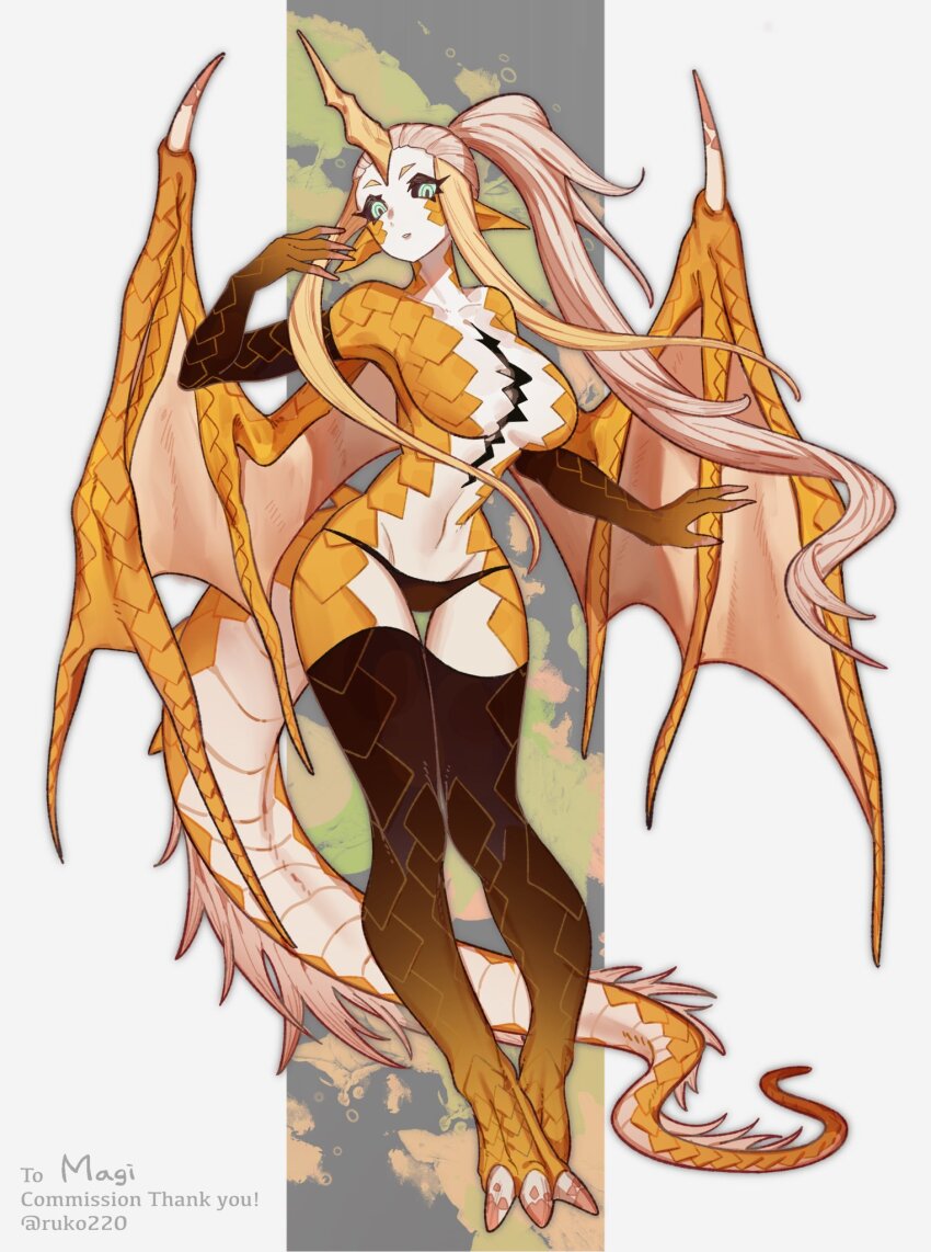 1girl black_panties black_sclera black_skin black_thighhighs breasts colored_sclera colored_skin commission dragon_girl dragon_horns dragon_tail dragon_wings highres horns large_breasts long_hair looking_at_viewer multicolored_background original panties pointy_ears ponytail ruteko_(ruko220) smile solo tail thighhighs underwear wings