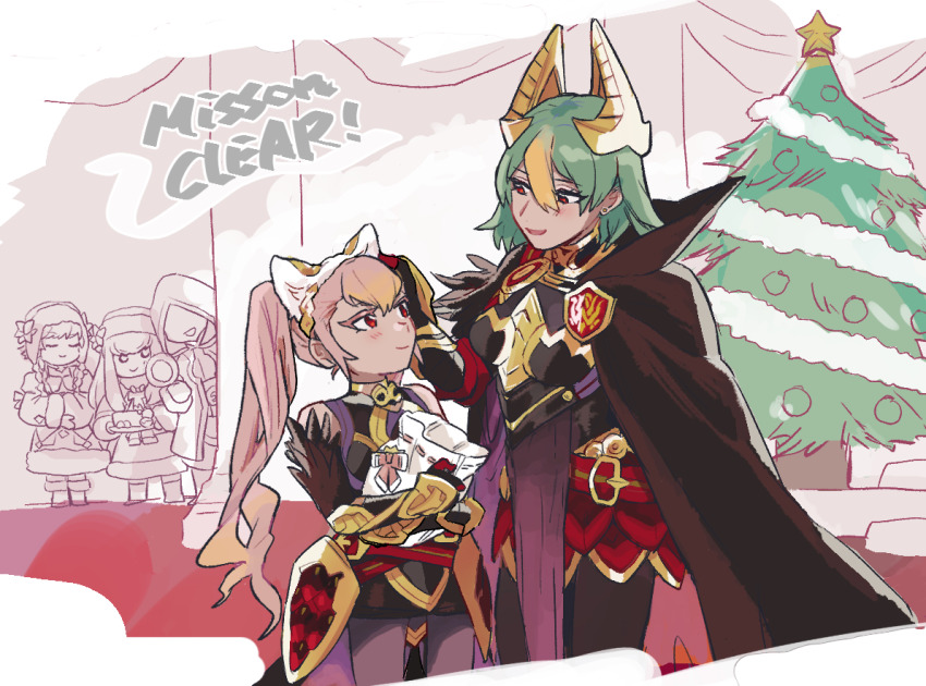 4girls cape christmas_tree fire_emblem fire_emblem:_the_sacred_stones fire_emblem:_three_houses fire_emblem_heroes green_hair hair_between_eyes hand_on_another&#039;s_head kiran_(fire_emblem) laegjarn_(fire_emblem) laevatein_(fire_emblem) long_hair lute_(fire_emblem) lute_(winter)_(fire_emblem) lysithea_von_ordelia lysithea_von_ordelia_(winter) multicolored_hair multiple_girls nintendo official_alternate_costume open_mouth orange_hair penguinbu pink_hair red_eyes short_hair siblings sisters smile twintails two-tone_hair
