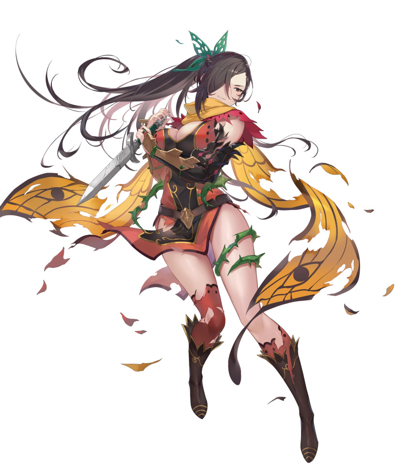 1girl alternate_costume armor asymmetrical_legwear belt boots breasts brown_eyes brown_hair cape cleavage dagger dress female_focus fire_emblem fire_emblem_fates fire_emblem_heroes full_body hair_ornament hair_over_one_eye highres holding holding_dagger holding_knife holding_weapon kagero_(fire_emblem) kagero_(resplendent)_(fire_emblem) kakage knee_boots knife large_breasts long_hair looking_away matching_hair/eyes ninja nintendo official_art parted_lips reverse_grip shiny_skin short_dress single_thighhigh solo thighhighs thighs thorns torn_clothes transparent_background weapon