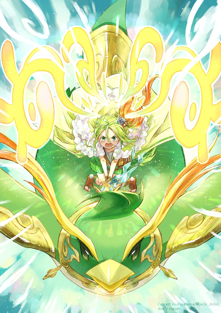 1girl absurdres ahoge artist_name bag beak bird blue_background brown_footwear cloak commentary daigusto_laplampilica duel_monster full_body fur-trimmed_cloak fur_trim gradient_hair green_cloak green_eyes green_hair green_shorts grey_shirt hair_between_eyes hair_ornament highres holding holding_staff kneeling long_hair looking_at_viewer lower_teeth_only mizutama_(mizutamalion) multicolored_hair open_mouth orange_hair penguin pilica_descendant_of_gusto shell_hair_ornament shirt shorts shoulder_bag side_ponytail sidelocks spiritual_beast_rampengu staff tears teeth toeless_footwear twitter_username yu-gi-oh!