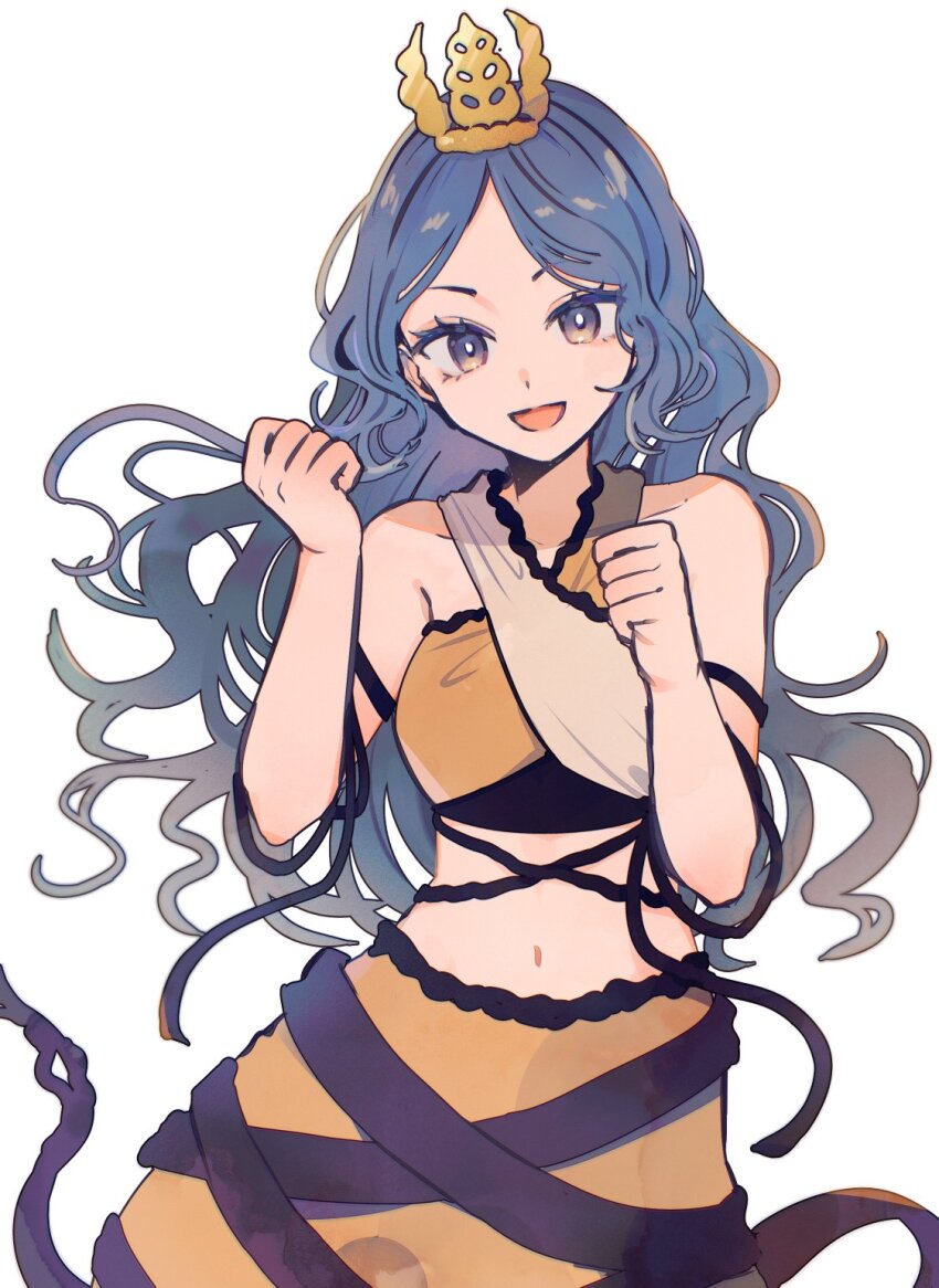 1girl :d arm_ribbon bare_shoulders black_ribbon blue_eyes chirizuka_ubame clenched_hands collarbone commentary cowboy_shot crop_top headpiece highres long_hair looking_at_viewer midriff mozukuzu_(manukedori) navel open_mouth orange_skirt ribbon simple_background skirt smile solo touhou wavy_hair white_background