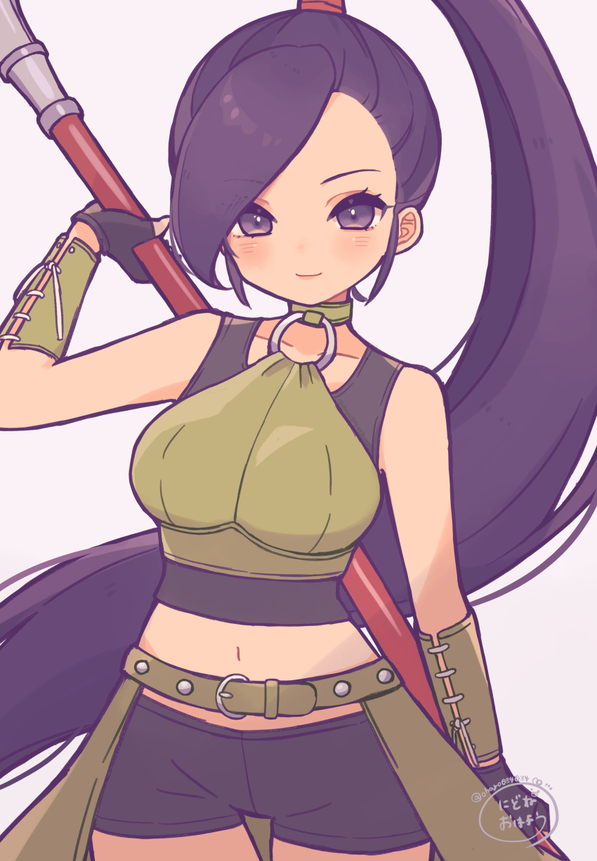 1girl absurdres arm_guards bike_shorts black_gloves black_shorts black_tank_top breasts closed_mouth commentary_request cowboy_shot dragon_quest dragon_quest_xi fingerless_gloves gloves green_shirt high_ponytail highres holding holding_behind_back holding_polearm holding_weapon holding_weapon_behind_back large_breasts long_hair looking_at_viewer martina_(dq11) midriff naginata navel o-ring o-ring_top ohayo084084 polearm ponytail purple_eyes purple_hair shirt shorts smile solo tank_top twitter_username weapon white_background