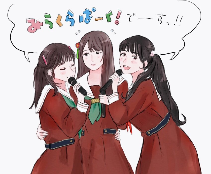 hanamiya_nina hug kanna_kan link!_like!_love_live! looking_at_viewer love_live! microphone scene_reference simple_background smile speech_bubble tsukine_kona voice_actor white_background yam5565