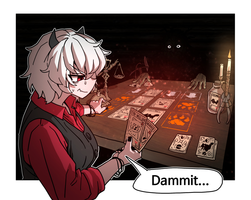 1boy 1girl balance_scale bell black_vest bottle brown_bear candle candlelight card card_game crossover deck deck_of_cards demon_girl demon_horns english_text ermine eyebrows eyes_in_shadow gggoturi helltaker highres horns inscryption leshy malina_(helltaker) outside_border paw_print pliers profanity shaded_face shadow sitting table vest wavy_mouth weasel weighing_scale wolf