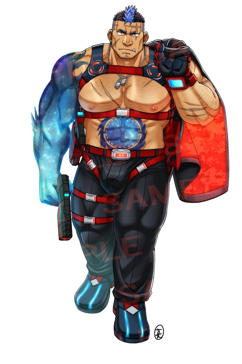 1boy abs bara bare_pectorals beard_stubble belt blue_hair bulge bulge_lift chest_harness cross_scar dog_tags ei_(marutendon) facial_hair facial_scar full_body glowing_skin gradient_skin gun hairy harness highres holding holding_gun holding_weapon huge_pectorals live_a_hero looking_at_viewer male_focus mature_male merchandise_available multicolored_hair multiple_belts muscular muscular_male nipples pectorals scar scar_on_cheek scar_on_face scar_on_forehead short_hair solo sparse_arm_hair sparse_chest_hair strongman_waist stubble thick_eyebrows thick_thighs thighs tusks two-tone_hair undercut walking weapon white_background yoshiori_(live_a_hero)