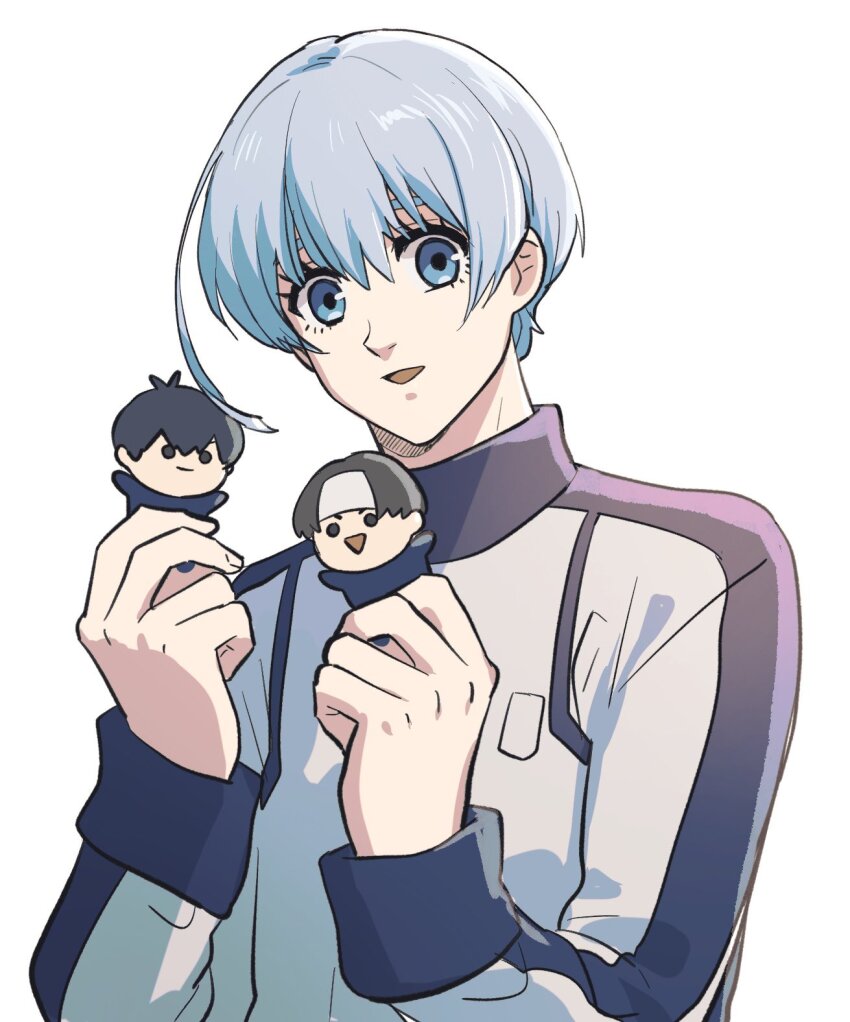 1boy blue_eyes blue_hair blue_lock highres isagi_yoichi jacket light_blue_hair looking_at_viewer male_focus mizuhara_aki nanase_nijirou open_mouth simple_background solo stuffed_toy track_jacket upper_body white_background you_hiori