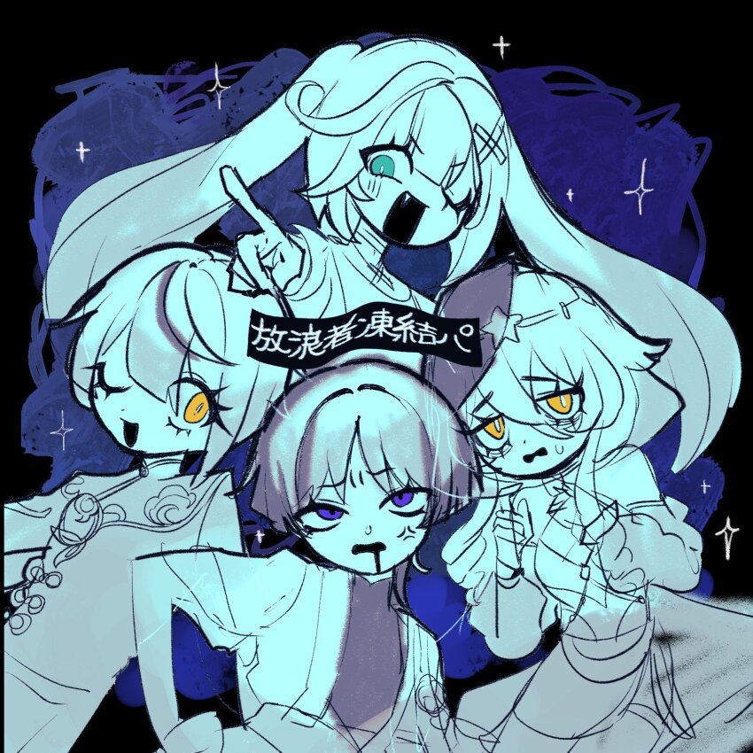 2boys 2girls anger_vein aqua_eyes black_mouth blunt_bangs bodysuit bright_pupils chinese_clothes circlet contrapposto detached_sleeves dress drill_hair drill_sidelocks drooling eyelashes fang faruzan_(genshin_impact) feathers furrowed_brow genshin_impact hair_intakes hand_on_own_hip highres hood hood_up huwahuwaom index_finger_raised japanese_clothes jewelry kimono layla_(genshin_impact) light_blush long_hair mandarin_collar mouth_drool multiple_boys multiple_girls neck_ring open_clothes open_kimono open_mouth parted_bangs pointing pointing_at_viewer pom_pom_(clothes) purple_eyes ringlets sanpaku scaramouche_(genshin_impact) short_sleeves sidelocks sketch sweatdrop tareme translation_request tsurime twintails wanderer_(genshin_impact) white_pupils xingqiu_(genshin_impact) yellow_eyes