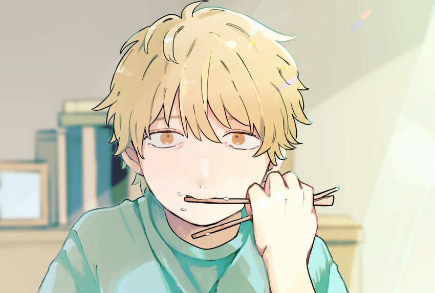 1boy biting blonde_hair blurry blurry_background chainsaw_man chopsticks commentary_request denji_(chainsaw_man) food food_on_face green_shirt gurukousu highres holding holding_chopsticks male_focus orange_eyes portrait rice rice_on_face shirt solo