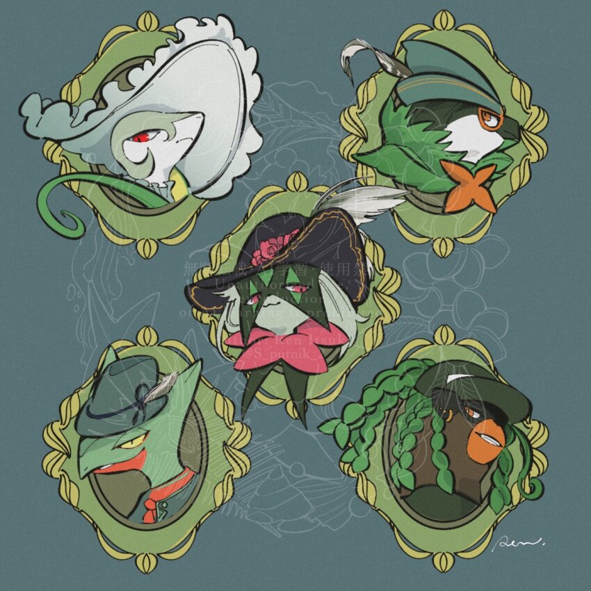 5others ambiguous_gender braid decidueye feathers gen_3_pokemon gen_5_pokemon gen_7_pokemon gen_8_pokemon glasses green_background green_theme hat hat_feather highres meowscarada multiple_others nintendo no_humans pokemon pokemon_(creature) rendoll rillaboom sceptile serperior