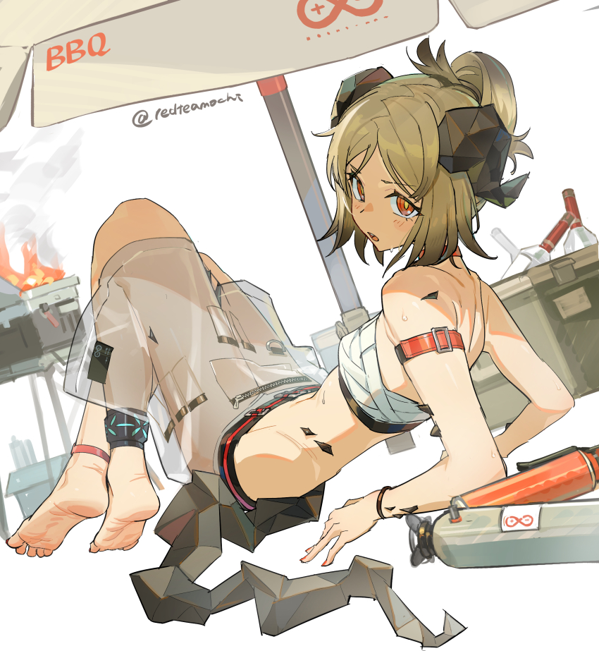 1girl absurdres arknights arm_strap arm_support blush bottle breasts brown_hair chest_sarashi feet gradient_hair grill groin highres hongchamashu horns ifrit_(arknights) ifrit_(sunburn)_(arknights) infection_monitor_(arknights) looking_at_viewer material_growth multicolored_hair open_mouth orange_eyes oripathy_lesion_(arknights) rhine_lab_logo sarashi see-through_clothes see-through_skirt short_hair skirt small_breasts solo sweat tail updo