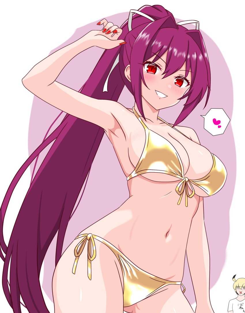 1boy 1girl bikini breasts cleavage collarbone cowboy_shot fingernails french-bread front-tie_bikini_top front-tie_top gold_bikini heart high_ponytail highres kido_hyde large_breasts long_fingernails long_hair pink_background ponytail purple_hair red_eyes red_nails roy_rx side-tie_bikini_bottom simple_background slit_pupils solo_focus speech_bubble spoken_heart swimsuit under_night_in-birth underboob very_long_hair white_background yuzuriha_(under_night_in-birth)