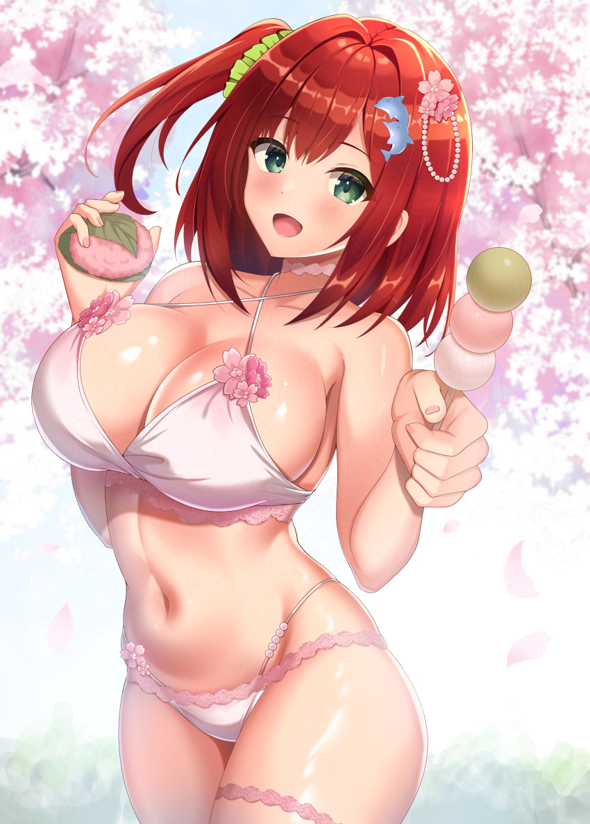 1girl :d absurdres bikini bra breasts cherry_blossoms cleavage collarbone dango dolphin_hair_ornament dolphin_wave flower food green_eyes hair_flower hair_ornament hair_scrunchie hanami highres large_breasts looking_at_viewer medium_hair mochi navel open_mouth panties pinesphere red_hair sakimiya_iruka scrunchie smile standing stomach swimsuit underwear underwear_only wagashi white_bra white_panties