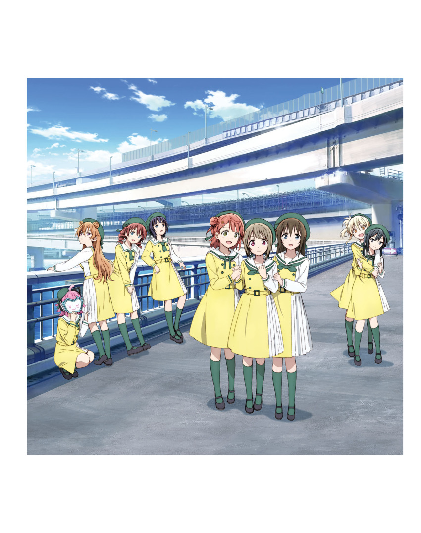 6+girls artbook asaka_karin asymmetrical_hair belt black_belt black_hair blonde_hair blue_eyes blunt_bangs bob_cut bow braid braided_bun bridge brown_hair buttons double-breasted dress emma_verde green_bow grey_hair hair_bow hair_bun hair_ornament hat highres konoe_kanata long_hair looking_at_viewer love_live! love_live!_nijigasaki_high_school_idol_club medium_hair mirai_harmony miyashita_ai multiple_girls nakasu_kasumi non-web_source official_art orange_eyes osaka_shizuku outdoors pink_eyes pink_hair purple_eyes purple_hair school_uniform short_hair single_side_bun socks tennoji_rina twin_braids twintails uehara_ayumu yellow_eyes yuki_setsuna