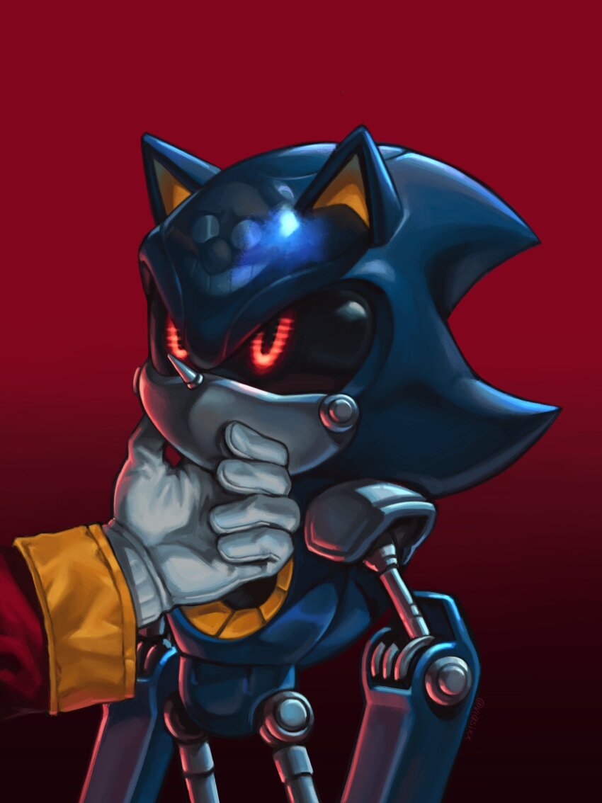 2boys animal_ears bald dr._eggman evil_smile facial_hair glasses gloves grabbing_another&#039;s_chin grin hand_on_another&#039;s_chin highres humanoid_robot joints looking_at_another mechanical_arms metal_sonic multiple_boys mustache out_of_frame red_background red_eyes reflection robot robot_joints round_eyewear smile sonic_(series) viasixx