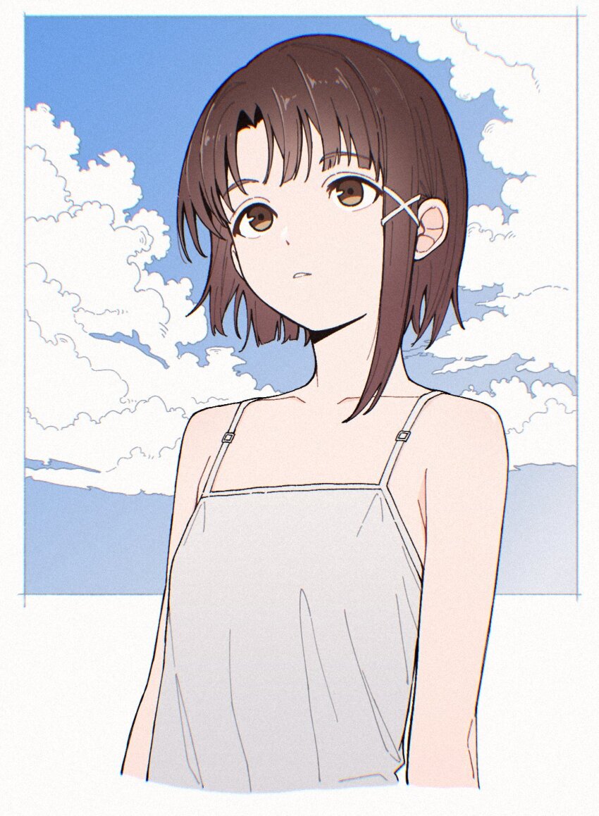 1girl blue_sky border brown_eyes brown_hair camisole cloud cloudy_sky collarbone hair_ornament highres iwakura_lain looking_afar parted_bangs parted_lips qaqyes_re serial_experiments_lain short_hair single_sidelock sky solo upper_body white_border white_camisole x_hair_ornament