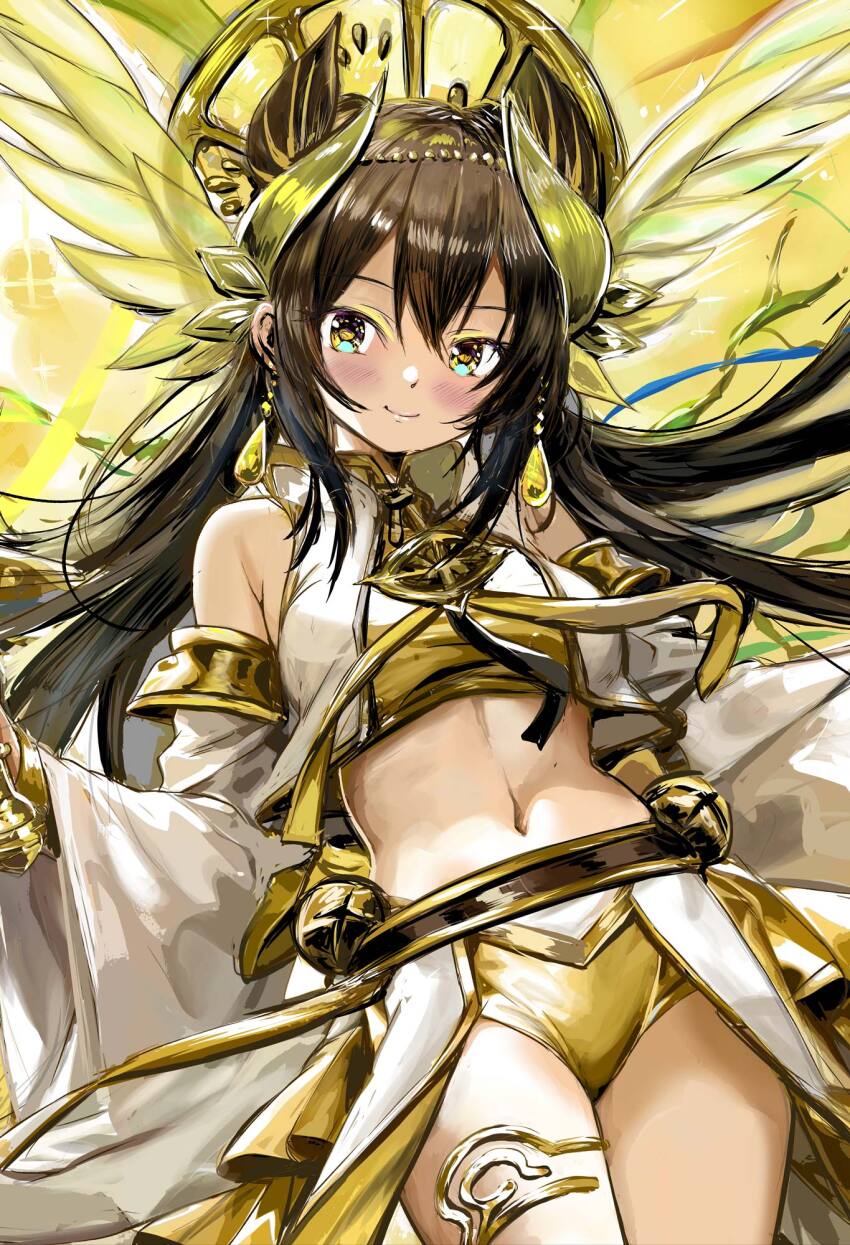 1girl armpit_crease bell black_hair blush breasts closed_mouth detached_sleeves duel_monster earrings feather_hair_ornament feathers gold_thighlet hair_ornament highres japanese_clothes jewelry long_hair long_sleeves mandarin_orange_slice medium_breasts midriff multicolored_eyes navel ohime_the_manifested_mikanko panties smile solo staryume thighs twintails two-tone_eyes underwear yu-gi-oh!