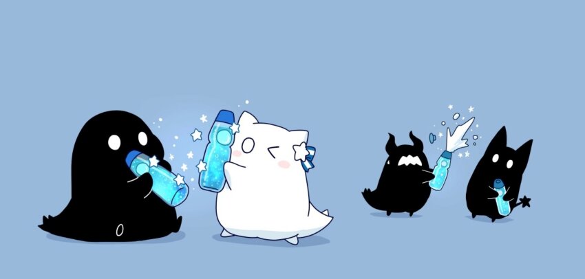 2others blue_background bottle cat ghost highres holding holding_bottle horns hoshikui multiple_others no_humans one_eye_closed original ramune shoutarou_(shoutarotttt) simple_background sparkle virtual_youtuber water_bottle