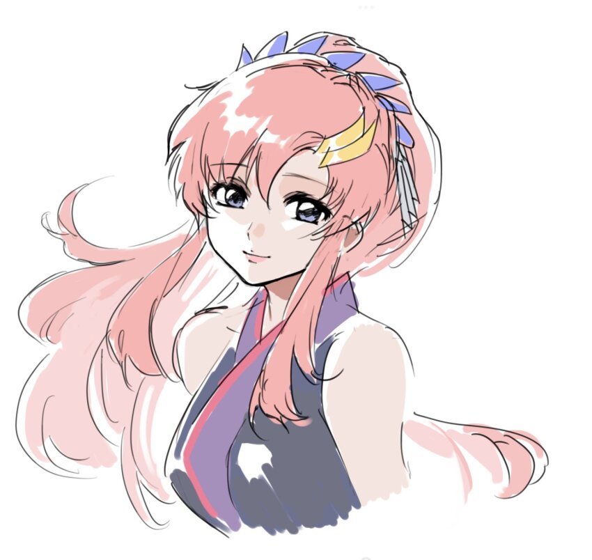 1girl bare_shoulders blue_eyes gundam gundam_seed gundam_seed_destiny hair_ornament highres japanese_clothes kangjini0248 kimono lacus_clyne long_hair looking_at_viewer pink_hair ponytail simple_background sleeveless sleeveless_kimono smile solo white_background