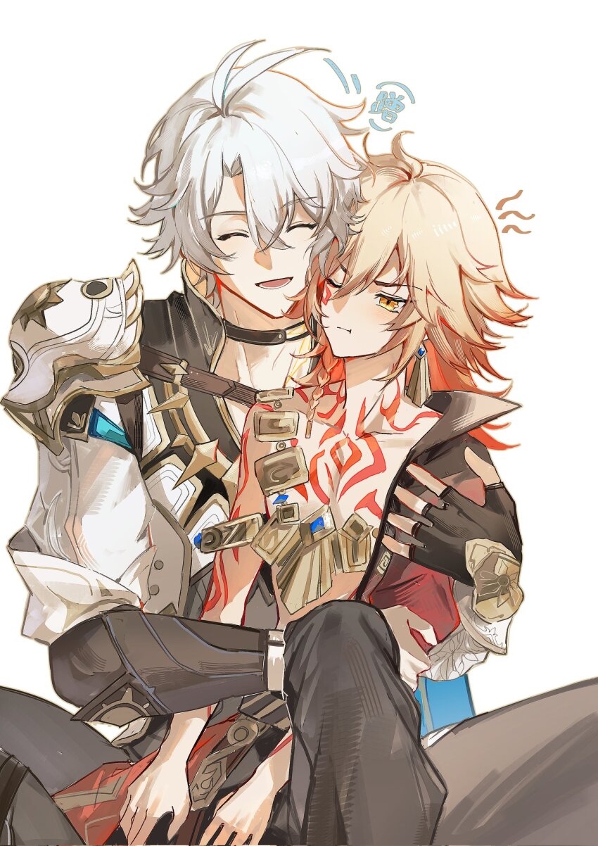 2boys :d aged_down antenna_hair arm_tattoo armor black_choker black_coat black_gloves black_pants black_shirt blonde_hair braid chest_tattoo child chinese_commentary choker closed_eyes coat collared_shirt commentary_request earrings facial_tattoo fingerless_gloves gloves gold_earrings gold_necklace gradient_hair hair_between_eyes highres honkai:_star_rail honkai_(series) jewelry male_focus medium_hair multicolored_hair multiple_boys mydei_(honkai:_star_rail) necklace one_eye_closed open_clothes open_coat open_mouth oversized_clothes pants pauldrons phainon_(honkai:_star_rail) pout qiaose33912 red_hair red_tattoo shirt short_hair shoulder_armor side_braid simple_background single_pauldron smile sun_symbol sun_tattoo tan tattoo vambraces white_background white_coat white_hair yellow_eyes