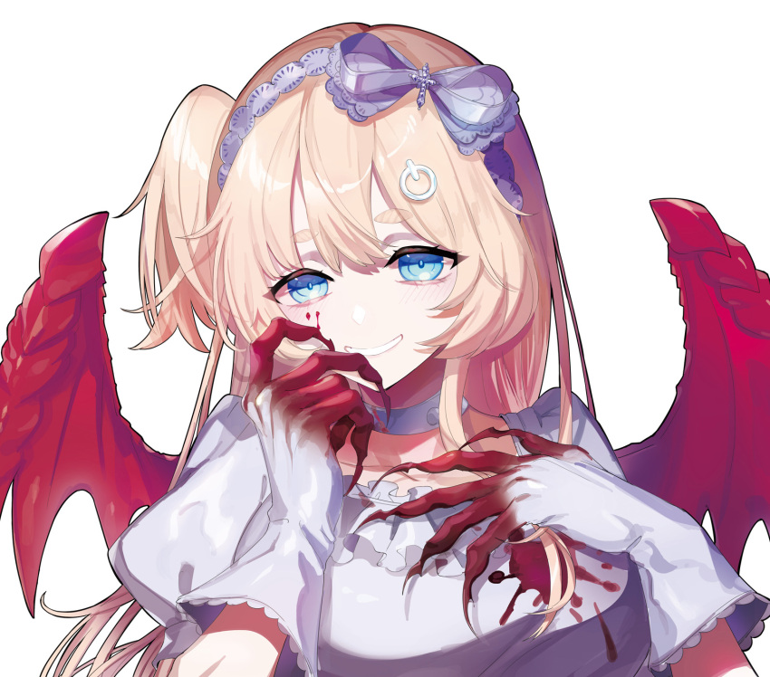 1girl blonde_hair blood blood_on_hands blue_eyes choker dragon_wings dress gloves highres hime_hajime hime_hajime_(2nd_costume) looking_at_viewer official_alternate_costume official_art one_side_up power_symbol_hair_ornament puppeteer7777 smile solo virtual_youtuber vshojo white_choker white_dress white_gloves wings
