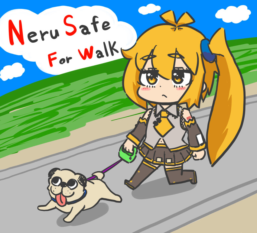 1girl akita_neru animal antenna_hair arm_tattoo black_skirt black_sleeves black_thighhighs blonde_hair blue_sky chibi closed_mouth cloud collared_shirt commentary day detached_sleeves dog double-parted_bangs english_commentary frown grey_shirt hair_between_eyes holding holding_leash leash long_hair long_sleeves miniskirt navel necktie outdoors path pet_walking pleated_skirt pug red_tattoo road shadow shirt side_ponytail skirt sky smith_hioka tattoo thighhighs tie_clip very_long_hair vocaloid walking yellow_eyes yellow_necktie yellow_trim zettai_ryouiki