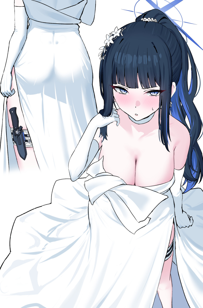 1girl blue_archive blue_halo breasts choker colored_inner_hair dress elbow_gloves gloves halo highres knife_sheath multicolored_hair nichijou_(nichijoutouhou) official_alternate_costume saori_(blue_archive) saori_(dress)_(blue_archive) sheath solo thigh_sheath white_choker white_dress white_gloves