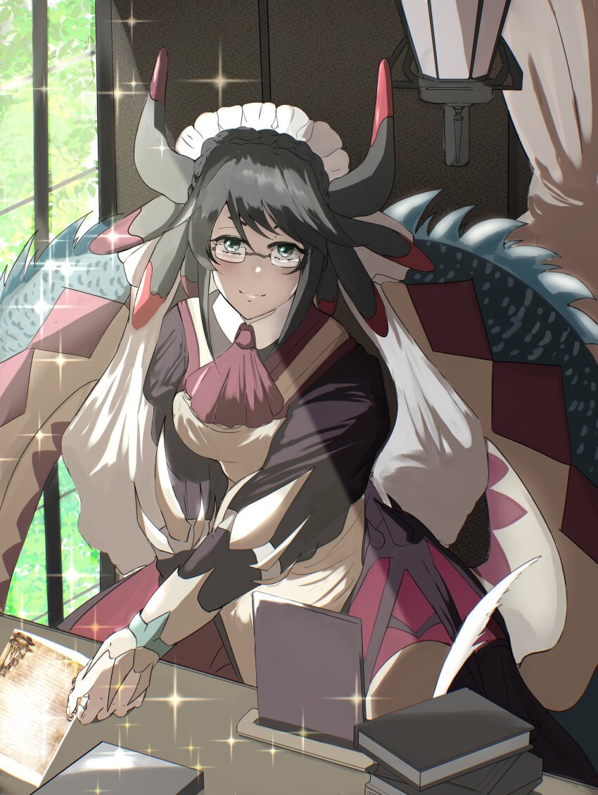 1girl black_dress black_hair book dragon_horns dragon_tail dress duel_monster glasses green_eyes highres horns house_dragonmaid indoors looking_at_viewer maid maid_headdress smile solo tail uragawai yu-gi-oh!
