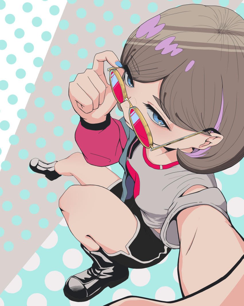 1girl absurdres alternate_costume and_fersent bespectacled black_boots black_shorts blue_background blue_eyes blue_nails bob_cut boots breasts commentary_request from_above glasses grey_background grey_hair grey_shirt highres knee_up looking_at_viewer love_live! love_live!_superstar!! medium_breasts parted_bangs pink_sleeves polka_dot polka_dot_background reaching reaching_towards_viewer red-tinted_eyewear selfie shirt short_hair short_sleeves shorts solo tang_keke tinted_eyewear yellow-framed_eyewear