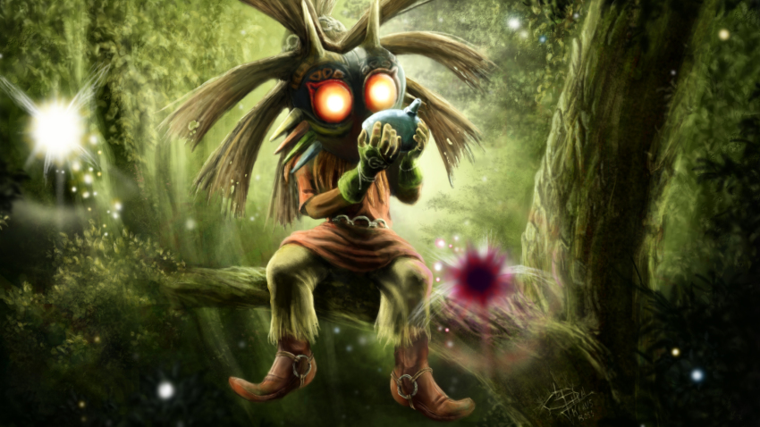 1boy commentary english_commentary fairy fingerless_gloves forest full_body gloves highres holding holding_instrument holding_ocarina horned_mask instrument klausboss majora_(entity) male_focus mask nature nintendo o-ring_footwear ocarina outdoors photoshop_(medium) pointy_footwear realistic signature sitting skull_kid tael tatl the_legend_of_zelda the_legend_of_zelda:_majora&#039;s_mask tree