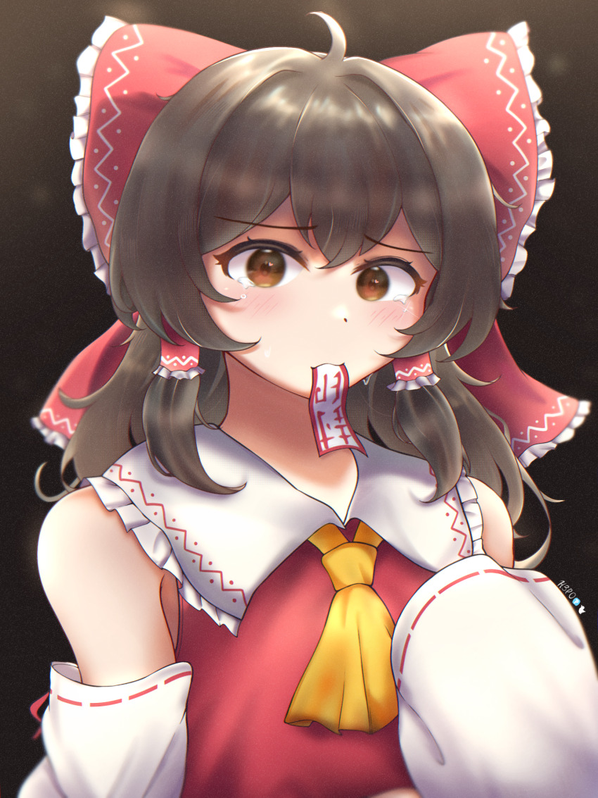 1girl bow brown_eyes brown_hair crying h3p0 hakurei_reimu highres japanese_clothes looking_at_viewer red_bow sweatdrop tearing_up touhou twitter_username