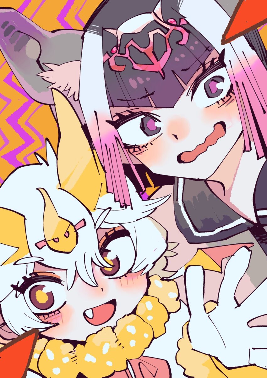 2girls animal_ears bat_ears bat_girl bow bowtie common_vampire_bat_(kemono_friends) extra_ears fang gloves halloween highres honduran_white_bat_(kemono_friends) kanmoku-san kemono_friends long_hair looking_at_viewer multiple_girls purple_eyes purple_hair sailor_collar short_hair simple_background sweater upper_body white_hair yellow_eyes