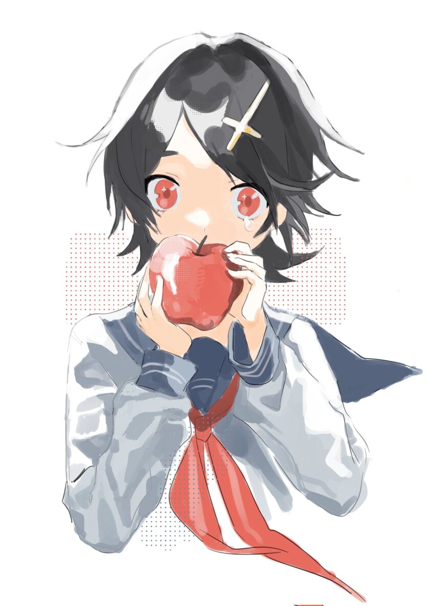 1984_(cw1000110) 1girl apple black_hair blouse blue_sailor_collar cropped_torso cross_hair_ornament food fruit fuura_kafuka hair_ornament highres holding holding_food holding_fruit long_sleeves looking_at_viewer neckerchief parted_bangs red_eyes red_neckerchief sailor_collar sayonara_zetsubou_sensei school_uniform serafuku shirt short_hair simple_background solo tears upper_body white_background white_shirt