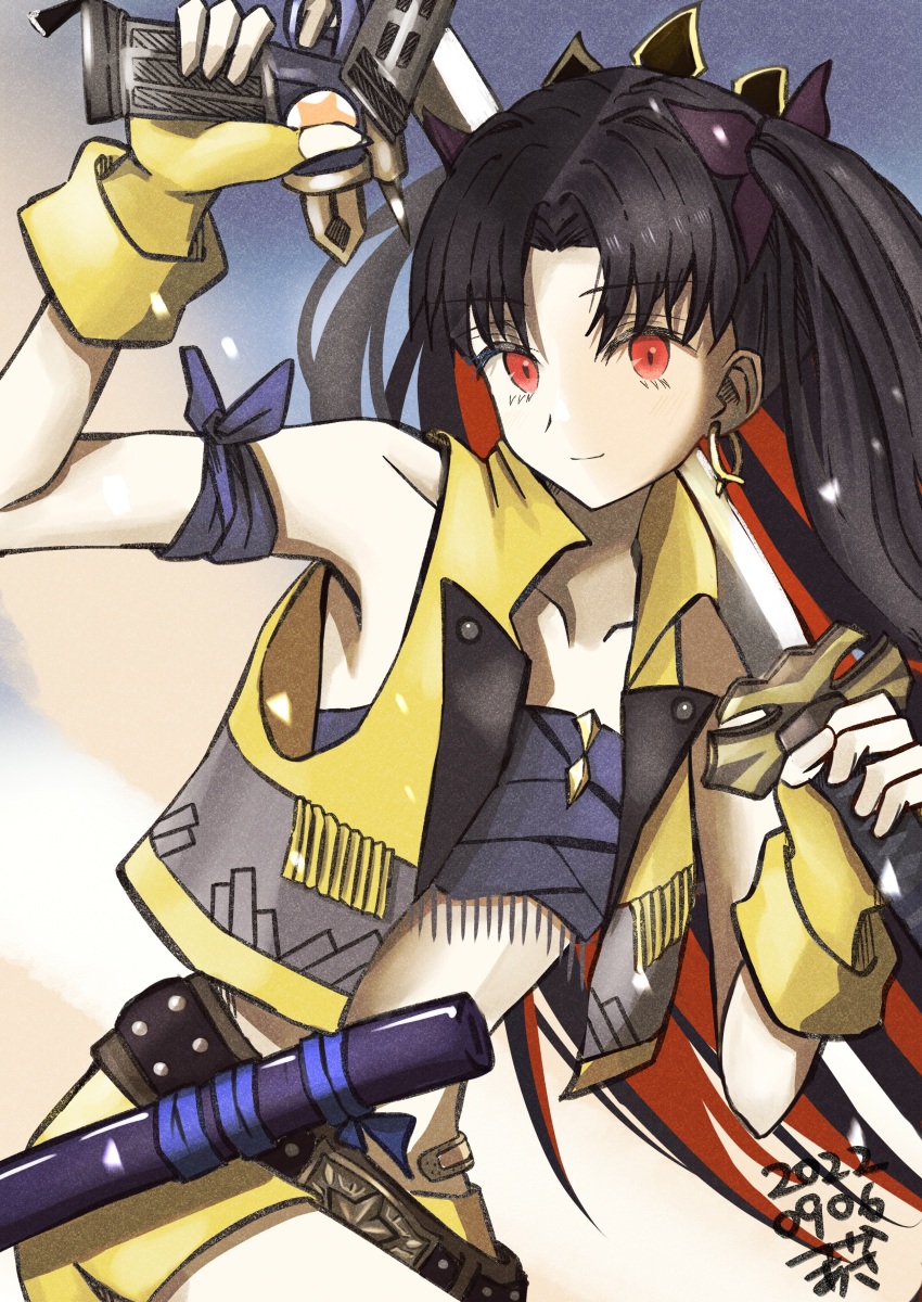 1girl absurdres bandages bare_shoulders belt black_hair chest_sarashi closed_mouth collarbone colored_inner_hair commentary_request dated earrings fate/grand_order fate_(series) fingerless_gloves gloves grey_vest gun highres holding holding_gun holding_sword holding_weapon ishtar_(fate) jewelry long_hair looking_at_viewer multicolored_hair red_eyes red_hair sarashi scabbard sheath shorts smile solo space_ishtar_(fate) space_ishtar_(second_ascension)_(fate) sword tsukaasa two-tone_vest very_long_hair vest weapon yellow_gloves yellow_shorts yellow_vest
